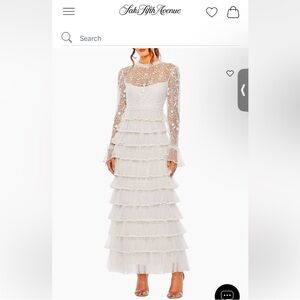 Mac Duggal White Lace Long Sleeve Tiered Dress